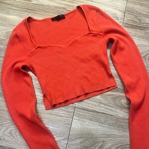 All Saints Ribbed Sweetheart Neck Cropped Sweater Clay Red Large Boho Casual EUC